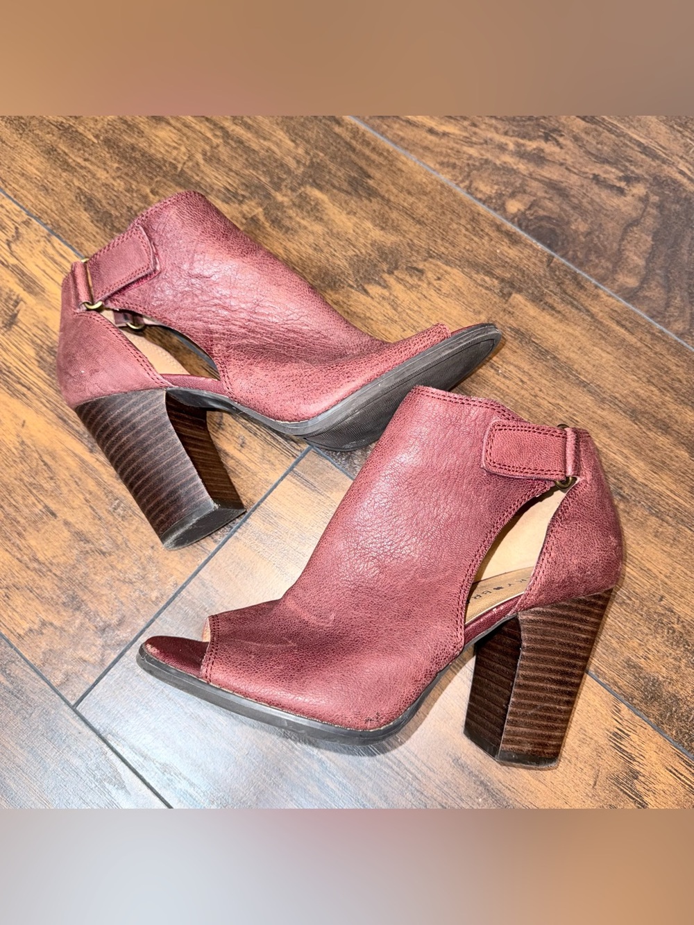 Lucky Brand Wine Open-Toe Stacked Block Heel Booties